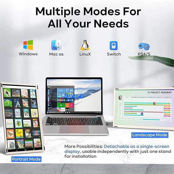 Laptop Screen Extender, 15.6'' 1080P FHD Laptop Monitor Extender with 235°Rotation Detachable Dual Monitor, Plug & Play, Triple Screen for 13"-17.3" Laptops Compatible with Mac/Wins/Android/Dex - Image 5