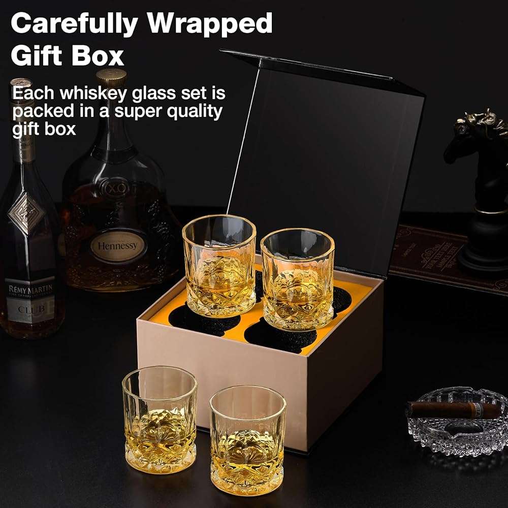 Hlukana Luxury Box Old Fashioned Whiskey Glasses Set of 4, 11 OZ Cocktail Glasses, Bourbon Rocks Scotch Glasses, Barware for Scotch Rum Vodka Liquor, Gifts for Men Father Grandfather Boss - Image 7
