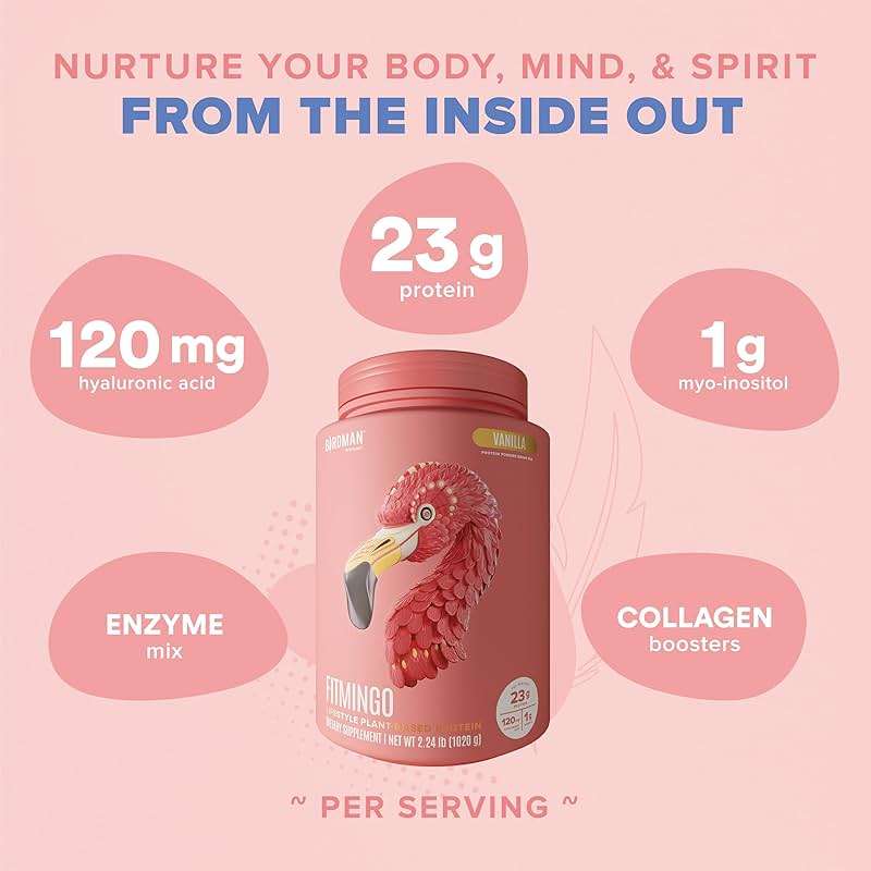 BIRDMAN Fitmingo Vegan Protein Powder with Inositol, Collagen Boosters, Hyaluronic Acid and Vitamins | Low Carb, Dairy Free, Lactose Free, Low Calorie | 23g Plant Based Vanilla Protein Powder - Image 4