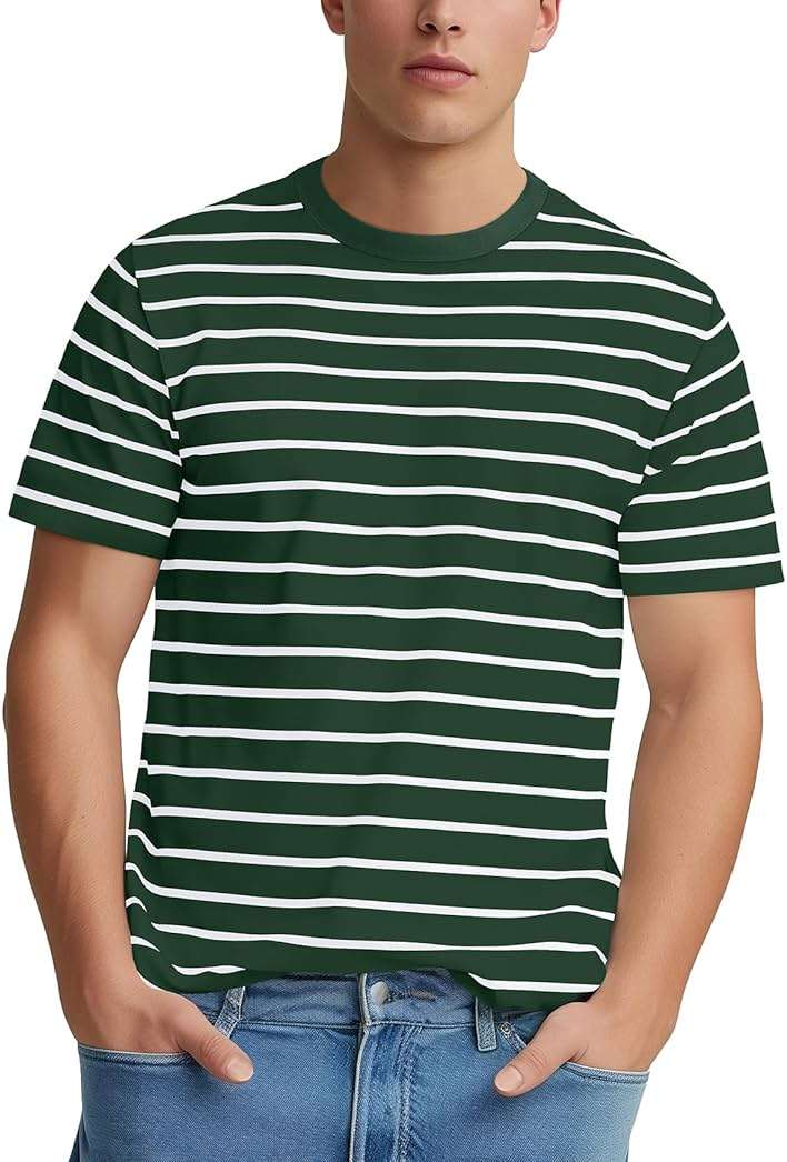 Zengjo Mens Striped T-Shirt Short Sleeve Crewneck Classic Horizontal Stripe Tee Top - Image 1