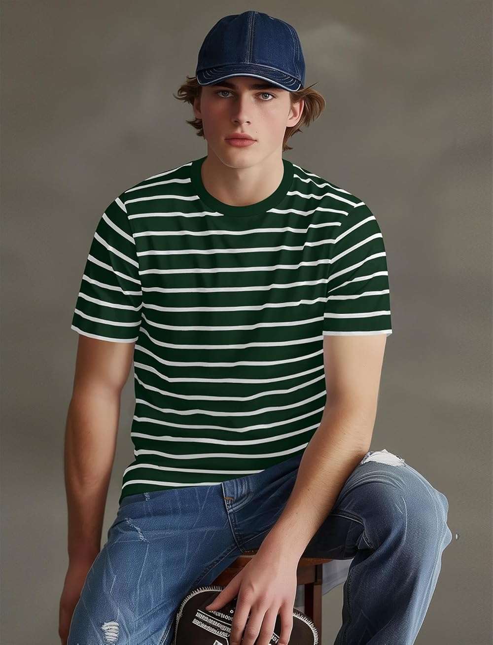 Zengjo Mens Striped T-Shirt Short Sleeve Crewneck Classic Horizontal Stripe Tee Top - Image 2
