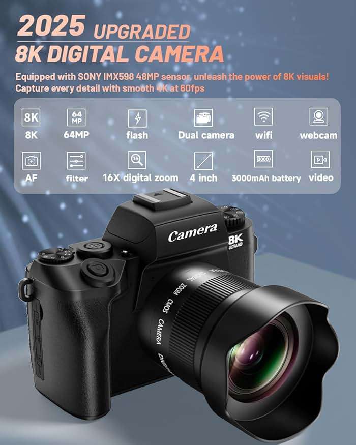 8K Digital Camera for Photography, Vlogging Camera for YouTube with Autofocus, 4 Inch Touchscreen 16X Digital Zoom Video Camera with 3000mAh Battery, Dual-Lens, Lens Hood, 32GB TF Card and Flash,Black - Image 2