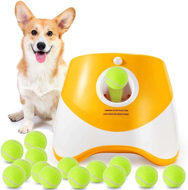 MEKAPLE Automatic Dog Ball Launcher, Dog Ball Thrower with 15 Mini Tennis Balls Sizing 2 Inch and Mesh Bag, Interactive Dogs Toys Tennis Balls Launcher for Small Dogs with 3 Distance Settings - Image 1