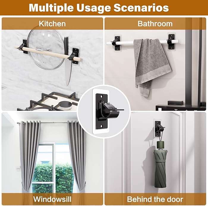 MUAKIOY No Drill Curtain Rod Brackets, (10 Pack) Heavy Duty Self Adhesive Curtain Rod Holders, Adjustable Curtains Hooks for 0.5-1.18 Inch Poles, Black Curtain Hangers Mounting for Bedroom Kitchen - Image 6