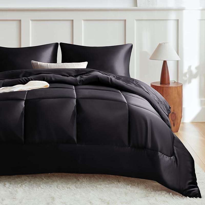 MR&HM Queen Comforter Set Black, Reversible Satin Microfiber Comforter Set for All Seasons, 3 Pieces Non-Slip Silky Soft Bedding Sets with 1 Comforter (90"x90") and 2 Pillowcases (20"x26") - Image 1