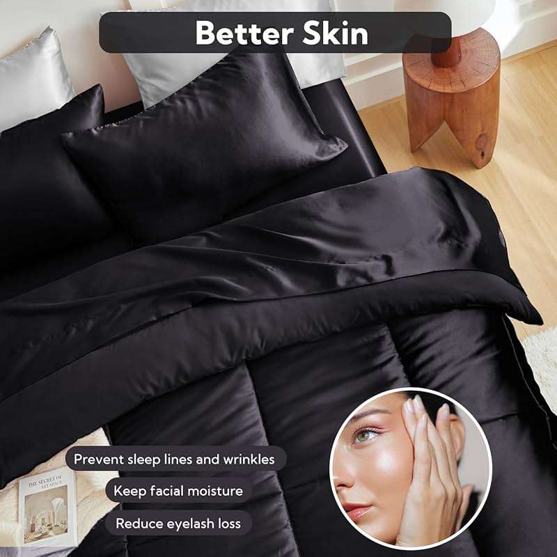 MR&HM Queen Comforter Set Black, Reversible Satin Microfiber Comforter Set for All Seasons, 3 Pieces Non-Slip Silky Soft Bedding Sets with 1 Comforter (90"x90") and 2 Pillowcases (20"x26") - Image 3