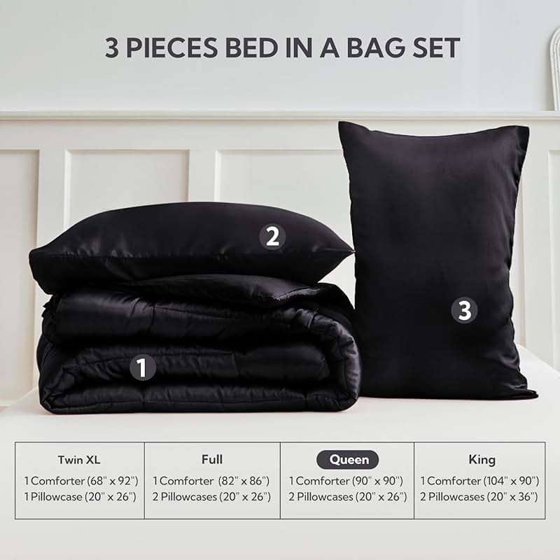 MR&HM Queen Comforter Set Black, Reversible Satin Microfiber Comforter Set for All Seasons, 3 Pieces Non-Slip Silky Soft Bedding Sets with 1 Comforter (90"x90") and 2 Pillowcases (20"x26") - Image 7