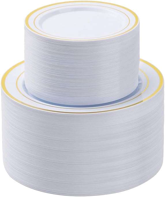 BESTSTAR 200PCS Gold Plastic Plates Set, 100 10.25 inch Dinner Plate and 100 7.5 inch Dessert Plates, Premium Disposable Plates for Party, Wedding - Image 1
