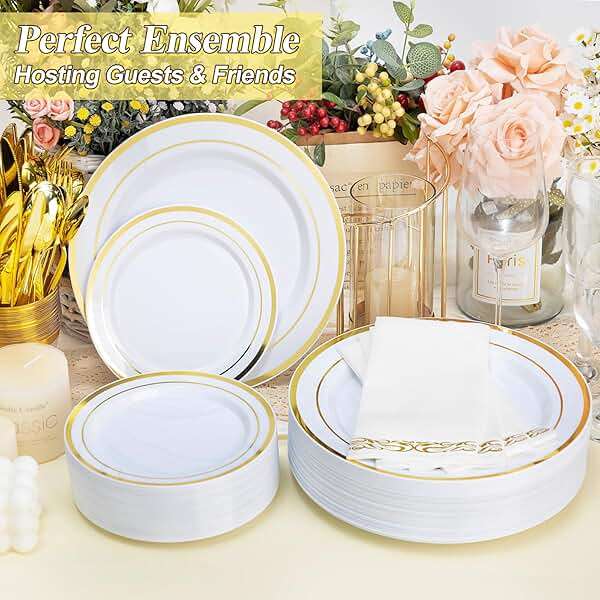 BESTSTAR 200PCS Gold Plastic Plates Set, 100 10.25 inch Dinner Plate and 100 7.5 inch Dessert Plates, Premium Disposable Plates for Party, Wedding - Image 2