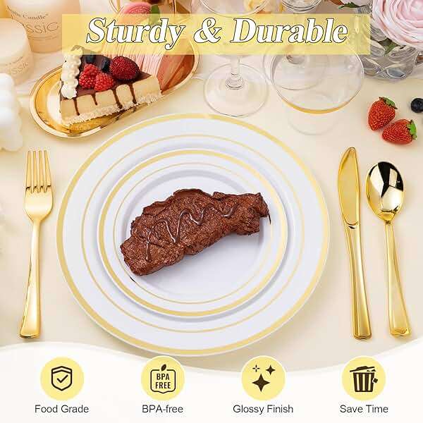 BESTSTAR 200PCS Gold Plastic Plates Set, 100 10.25 inch Dinner Plate and 100 7.5 inch Dessert Plates, Premium Disposable Plates for Party, Wedding - Image 4