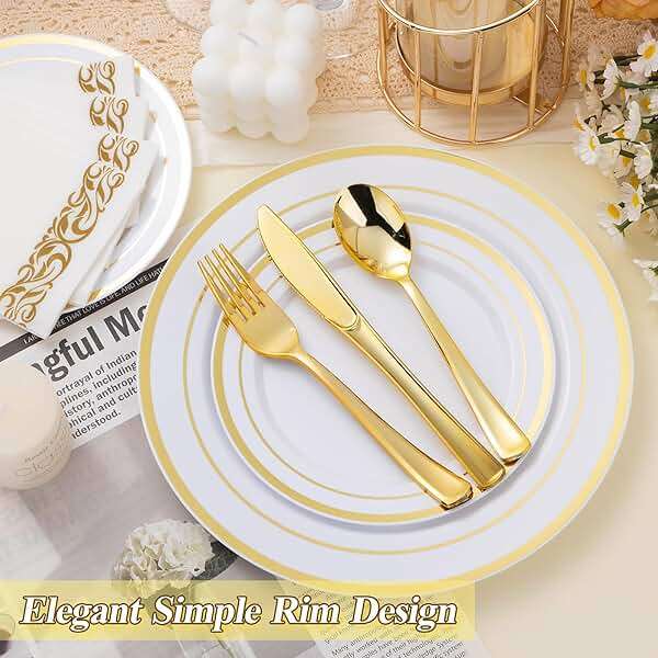 BESTSTAR 200PCS Gold Plastic Plates Set, 100 10.25 inch Dinner Plate and 100 7.5 inch Dessert Plates, Premium Disposable Plates for Party, Wedding - Image 5