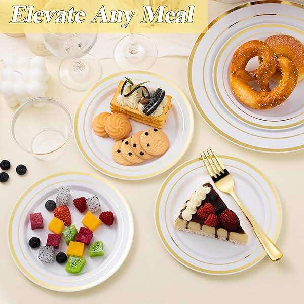 BESTSTAR 200PCS Gold Plastic Plates Set, 100 10.25 inch Dinner Plate and 100 7.5 inch Dessert Plates, Premium Disposable Plates for Party, Wedding - Image 6