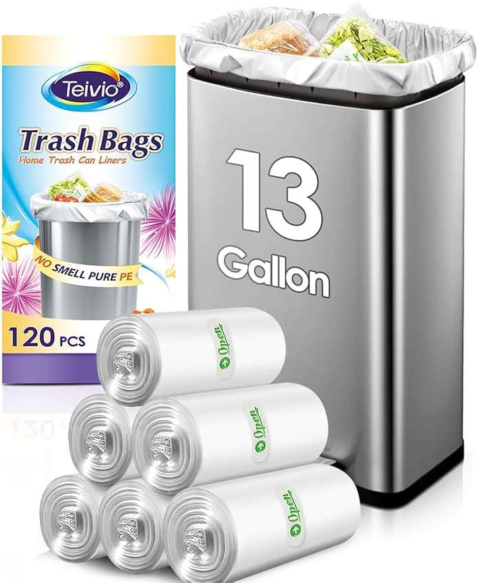 13 Gallon 120 Counts Strong Trash Bags Tall Kitchen Garbage Bags by Teivio, 12 Gallon 13 Gallon 14 Gallon, Multi-Use Bin Liners, Plastic Bags for Home Office Kitchen Yard Industrial, Clear - Image 1