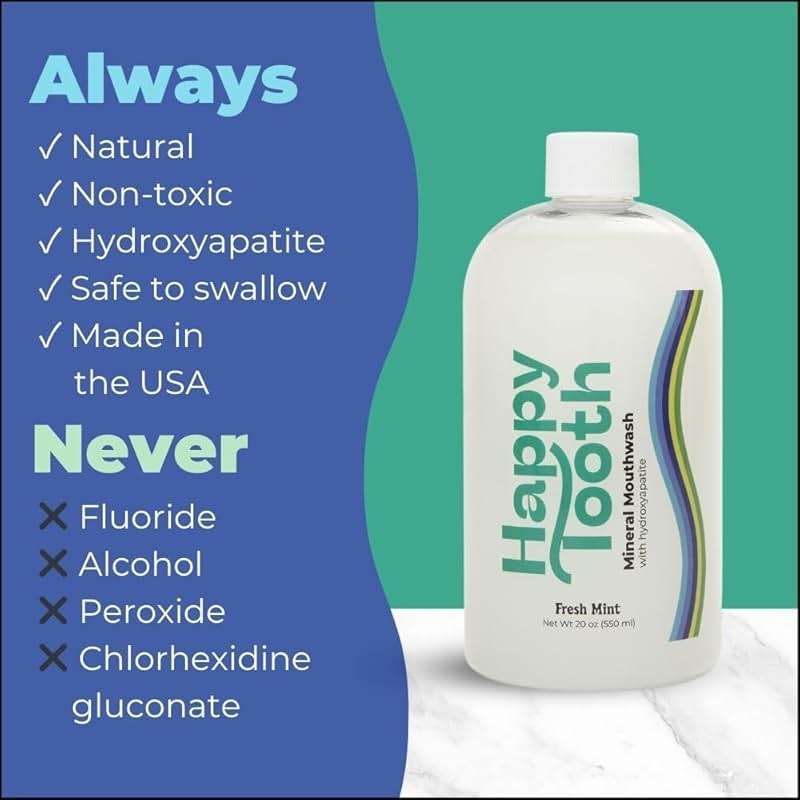 Happy Tooth Hydroxyapatite Mouthwash, Alcohol Free, Fluoride Free, Teeth Whitening, Remineralizing for Enamel Strength, Oral Microbiome Support, Dentist Formulated, Gentle Care, Fresh Mint, 20 Fl Oz - Image 3