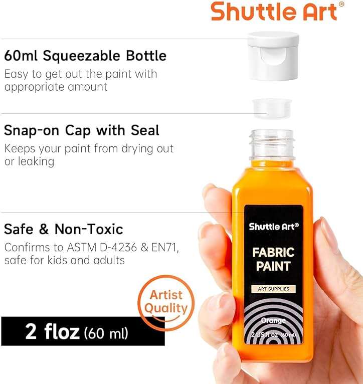 Shuttle Art Fabric Paint 24 Colors Permanent Soft Fabric Paint in Bottles (60ml/2oz) with Brushes &Stencils, Non-Toxic Textile Paint for T-Shirts, Shoes, Jeans, Bags, DIY Projects & Crafts - Image 4