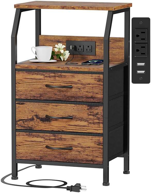 Furnulem Night Stand with Charging Station, USB Ports and Outlets, 28.3 Inch Tall Bedside Table with Wood Shelf, 3 Fabric Drawers Side Table for Bedroom, 3 Ways to Use, Rustic Brown - Image 1