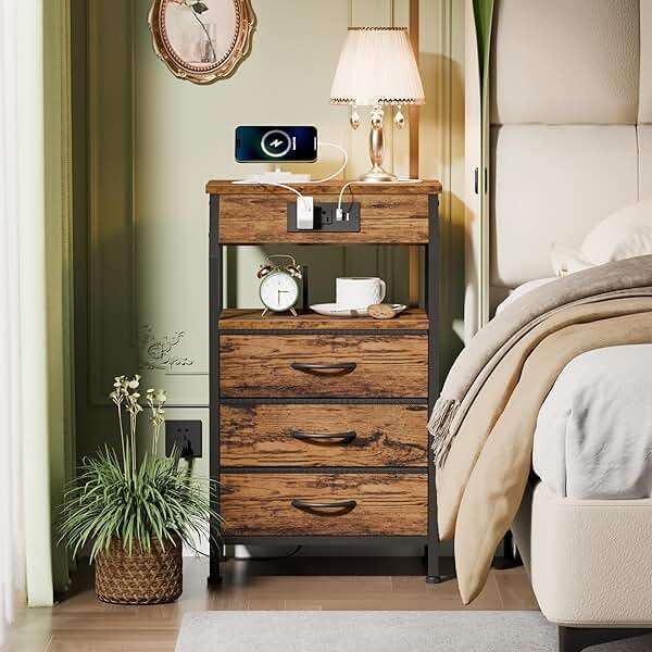Furnulem Night Stand with Charging Station, USB Ports and Outlets, 28.3 Inch Tall Bedside Table with Wood Shelf, 3 Fabric Drawers Side Table for Bedroom, 3 Ways to Use, Rustic Brown - Image 2
