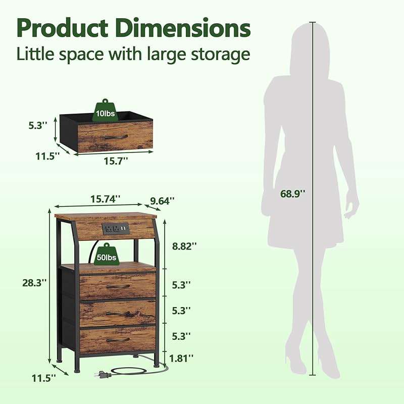 Furnulem Night Stand with Charging Station, USB Ports and Outlets, 28.3 Inch Tall Bedside Table with Wood Shelf, 3 Fabric Drawers Side Table for Bedroom, 3 Ways to Use, Rustic Brown - Image 3