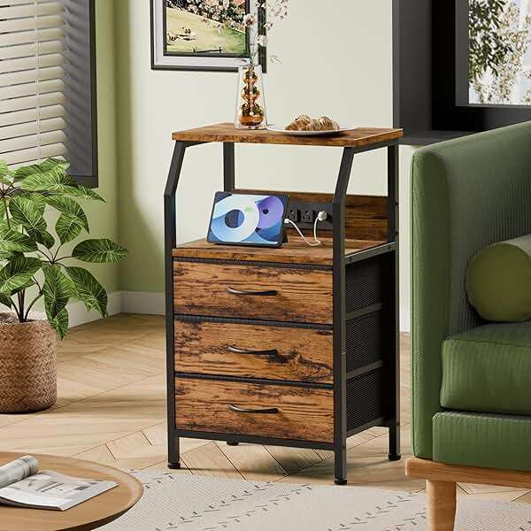 Furnulem Night Stand with Charging Station, USB Ports and Outlets, 28.3 Inch Tall Bedside Table with Wood Shelf, 3 Fabric Drawers Side Table for Bedroom, 3 Ways to Use, Rustic Brown - Image 4