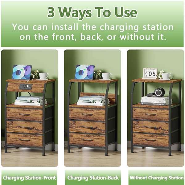 Furnulem Night Stand with Charging Station, USB Ports and Outlets, 28.3 Inch Tall Bedside Table with Wood Shelf, 3 Fabric Drawers Side Table for Bedroom, 3 Ways to Use, Rustic Brown - Image 6