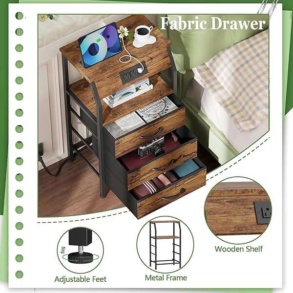 Furnulem Night Stand with Charging Station, USB Ports and Outlets, 28.3 Inch Tall Bedside Table with Wood Shelf, 3 Fabric Drawers Side Table for Bedroom, 3 Ways to Use, Rustic Brown - Image 7