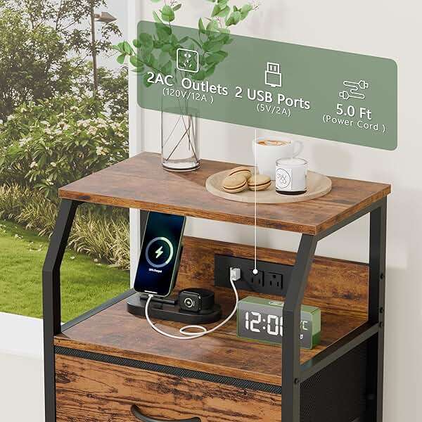 Furnulem Night Stand with Charging Station, USB Ports and Outlets, 28.3 Inch Tall Bedside Table with Wood Shelf, 3 Fabric Drawers Side Table for Bedroom, 3 Ways to Use, Rustic Brown - Image 8