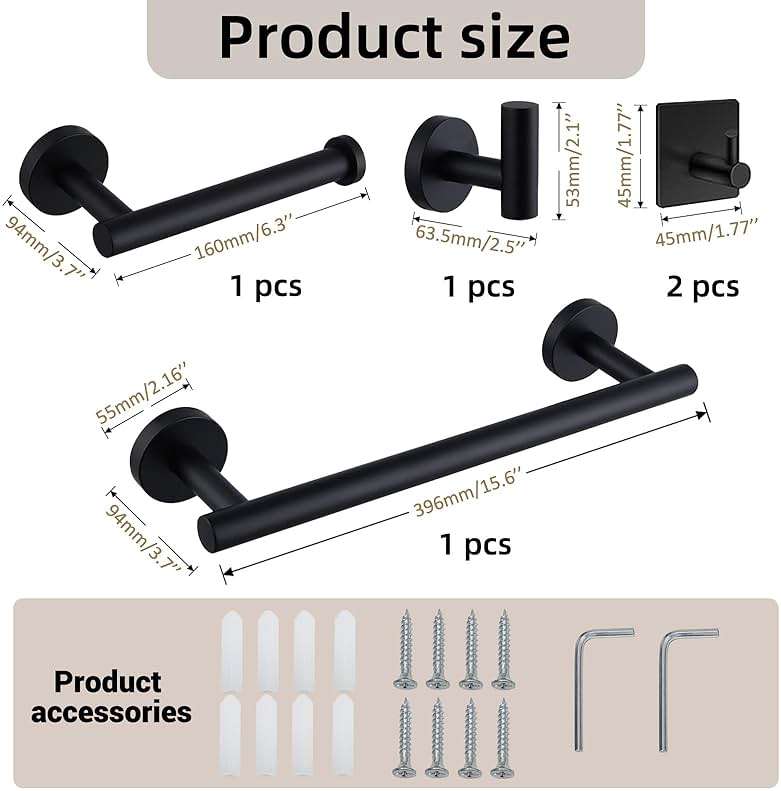 QXSTME 5-Pieces Bathroom Hardware Set, SUS304 Stainless Steel Towel Rack Set, 16" Hand Towel Rack, Toilet Paper Rack, 3 Bathrobe Towel Hooks, Bathroom Accessories, Towel Rack Set(Matte Black) - Image 3