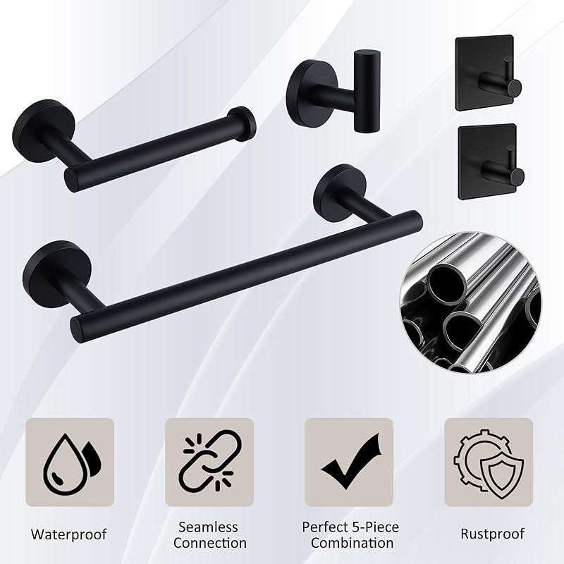 QXSTME 5-Pieces Bathroom Hardware Set, SUS304 Stainless Steel Towel Rack Set, 16" Hand Towel Rack, Toilet Paper Rack, 3 Bathrobe Towel Hooks, Bathroom Accessories, Towel Rack Set(Matte Black) - Image 5