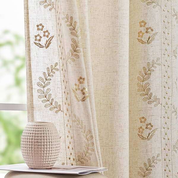 jinchan Belrose Linen Curtains for Bedroom Floral Curtains 84 Inch Length Linen Blend Beige Embroidered Drapes Farmhouse Flower Patterned Drapes for Living Room Window Treatments Set 2 Panels - Image 1