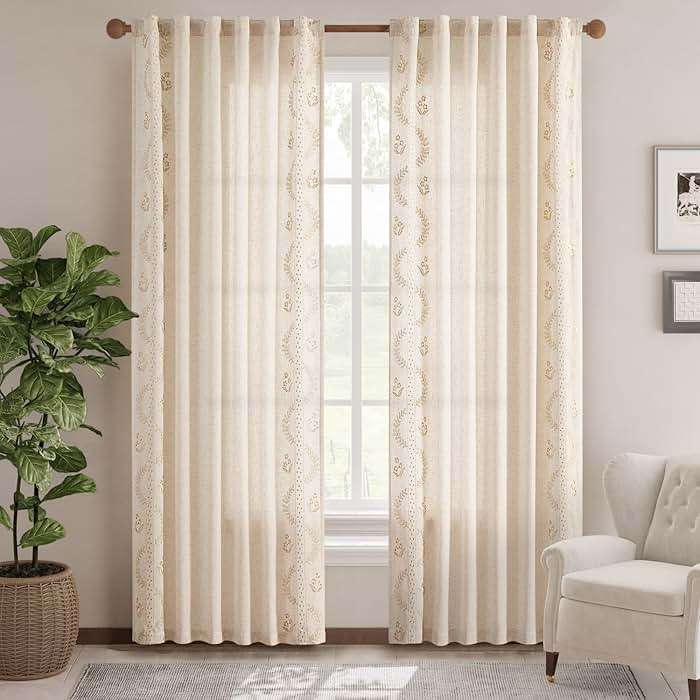 jinchan Belrose Linen Curtains for Bedroom Floral Curtains 84 Inch Length Linen Blend Beige Embroidered Drapes Farmhouse Flower Patterned Drapes for Living Room Window Treatments Set 2 Panels - Image 2