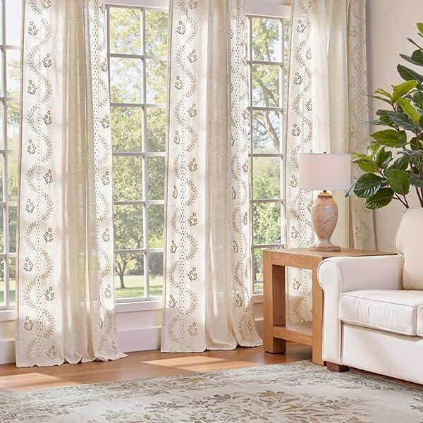jinchan Belrose Linen Curtains for Bedroom Floral Curtains 84 Inch Length Linen Blend Beige Embroidered Drapes Farmhouse Flower Patterned Drapes for Living Room Window Treatments Set 2 Panels - Image 3