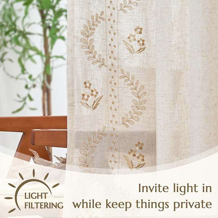 jinchan Belrose Linen Curtains for Bedroom Floral Curtains 84 Inch Length Linen Blend Beige Embroidered Drapes Farmhouse Flower Patterned Drapes for Living Room Window Treatments Set 2 Panels - Image 5