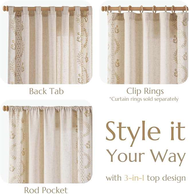 jinchan Belrose Linen Curtains for Bedroom Floral Curtains 84 Inch Length Linen Blend Beige Embroidered Drapes Farmhouse Flower Patterned Drapes for Living Room Window Treatments Set 2 Panels - Image 6