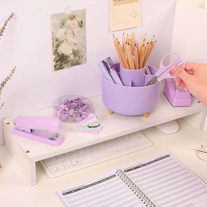 SKYDUE Purple Office Supplies Set, Purple Office Desk Accessories 10PCS, Pencil Holder for Desk, Stapler, Tape Dispenser, Scissors, Ruler, Binder/Paper Clips and 1000pcs Staples,Desk Supplies Set - Image 2