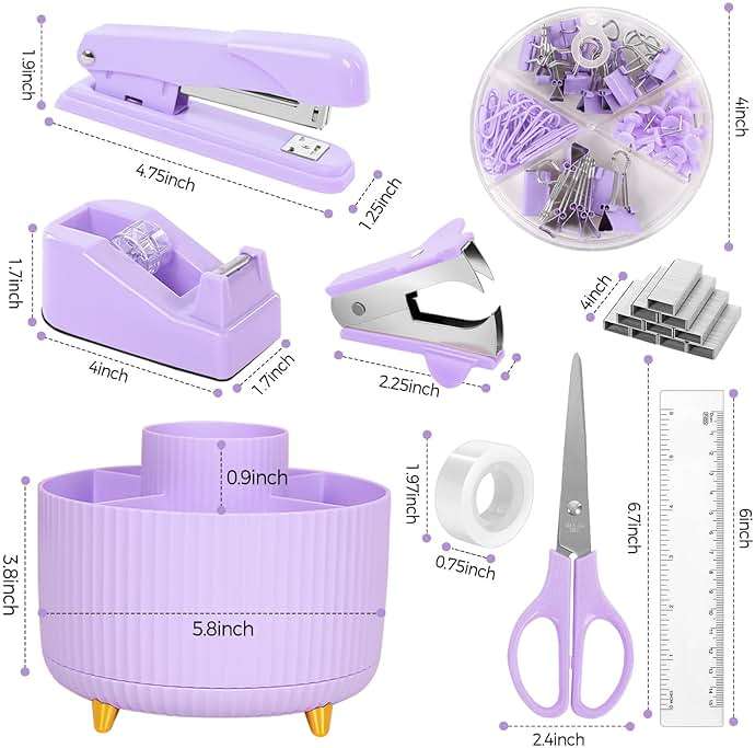 SKYDUE Purple Office Supplies Set, Purple Office Desk Accessories 10PCS, Pencil Holder for Desk, Stapler, Tape Dispenser, Scissors, Ruler, Binder/Paper Clips and 1000pcs Staples,Desk Supplies Set - Image 3