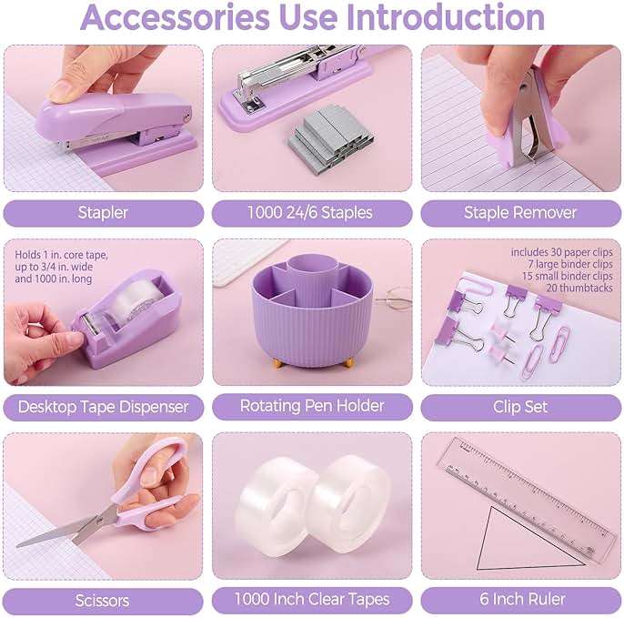 SKYDUE Purple Office Supplies Set, Purple Office Desk Accessories 10PCS, Pencil Holder for Desk, Stapler, Tape Dispenser, Scissors, Ruler, Binder/Paper Clips and 1000pcs Staples,Desk Supplies Set - Image 4