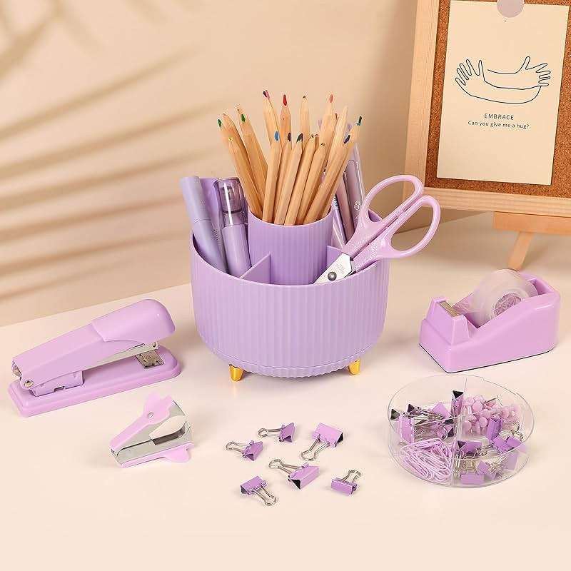 SKYDUE Purple Office Supplies Set, Purple Office Desk Accessories 10PCS, Pencil Holder for Desk, Stapler, Tape Dispenser, Scissors, Ruler, Binder/Paper Clips and 1000pcs Staples,Desk Supplies Set - Image 7