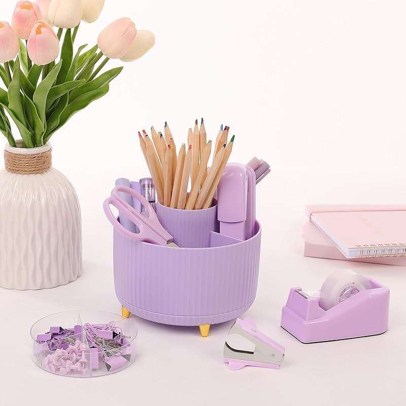 SKYDUE Purple Office Supplies Set, Purple Office Desk Accessories 10PCS, Pencil Holder for Desk, Stapler, Tape Dispenser, Scissors, Ruler, Binder/Paper Clips and 1000pcs Staples,Desk Supplies Set - Image 8