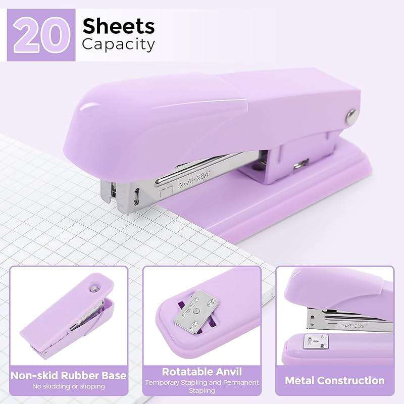SKYDUE Purple Office Supplies Set, Purple Office Desk Accessories 10PCS, Pencil Holder for Desk, Stapler, Tape Dispenser, Scissors, Ruler, Binder/Paper Clips and 1000pcs Staples,Desk Supplies Set - Image 9