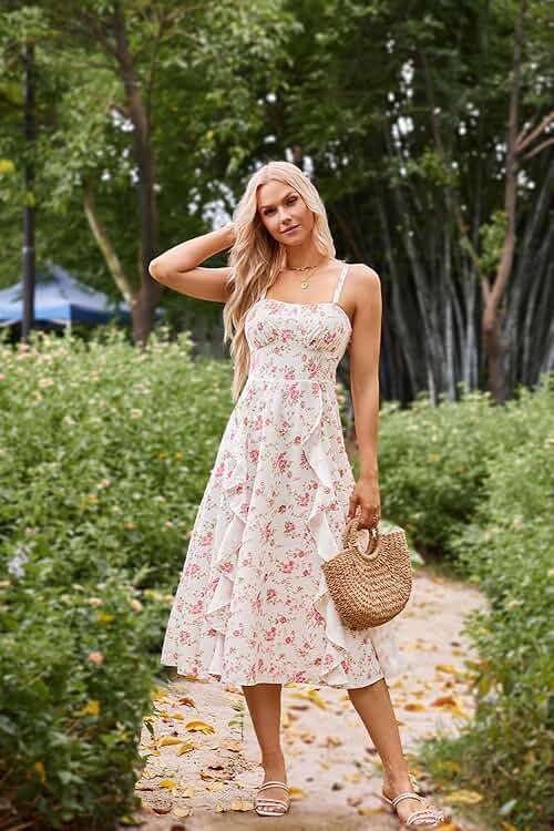Belle Poque Sun Dresses for Women Spring Summer Floral Midi Flowy Spaghetti Ruffle Wedding Guest Tea Party Dress - Image 4