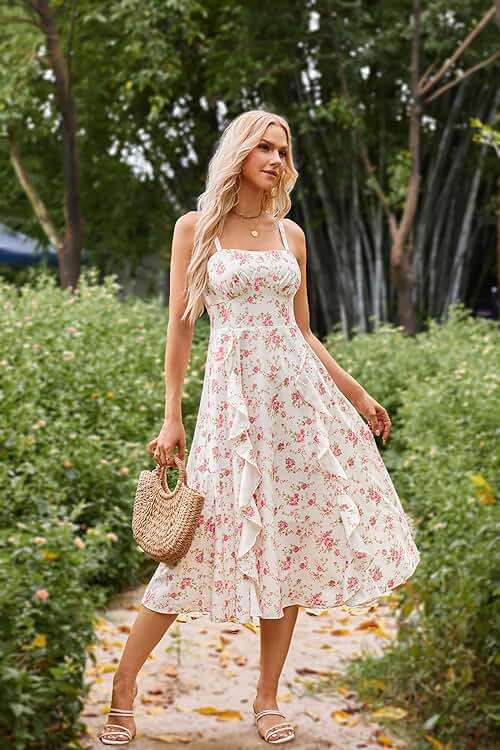 Belle Poque Sun Dresses for Women Spring Summer Floral Midi Flowy Spaghetti Ruffle Wedding Guest Tea Party Dress - Image 5