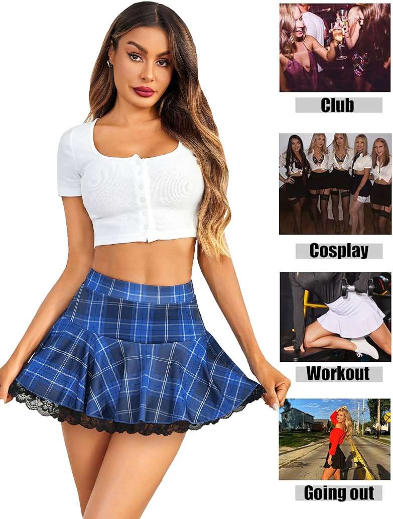 Avidlove Women Pleated Mini Skirt Sexy Lace Ruffle Solid Skirt Lingerie Short Skirts - Image 2