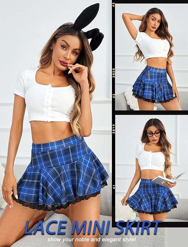 Avidlove Women Pleated Mini Skirt Sexy Lace Ruffle Solid Skirt Lingerie Short Skirts - Image 3