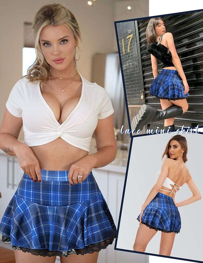 Avidlove Women Pleated Mini Skirt Sexy Lace Ruffle Solid Skirt Lingerie Short Skirts - Image 4