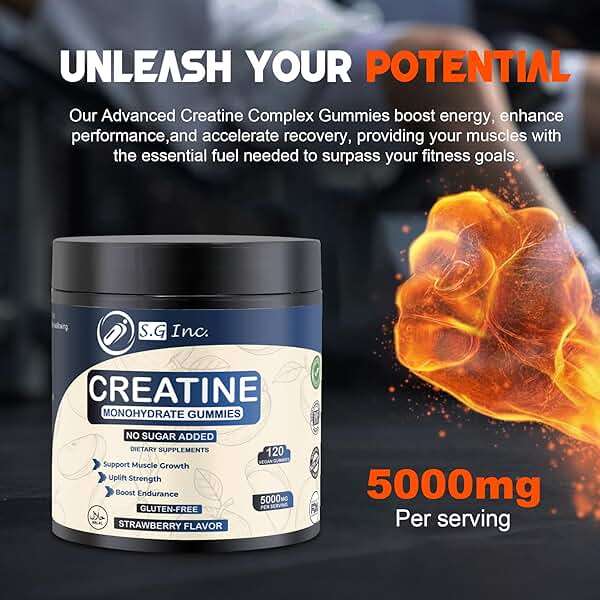 S.G Creatine Monohydrate Gummies for Men & Women ‒ Sugar Free - Vegan - 5g Creatine for Muscle Support ‒ Pre-Work Out Chewable Supplements for Energy Boost ‒ Strawberry Flavored 120ct Gummies. - Image 6