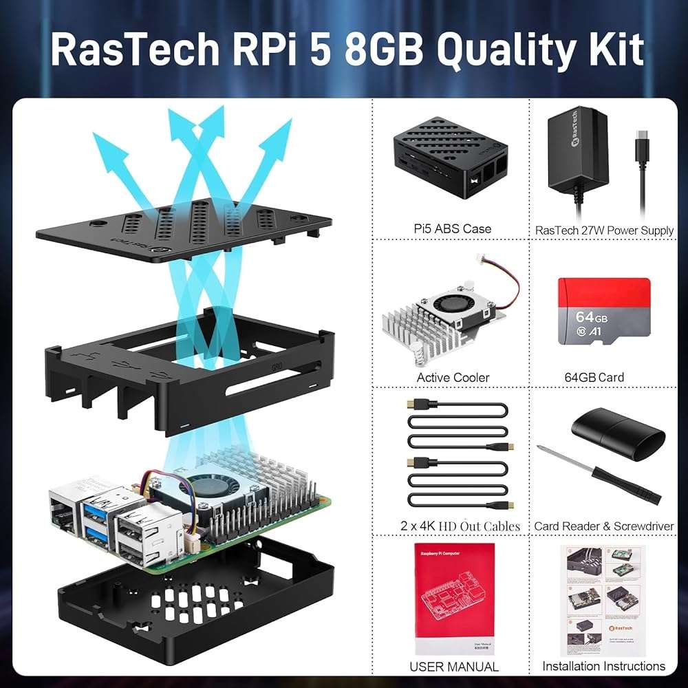RasTech Raspberry Pi 5 8GB Kit 64GB Edition with Active Cooler,27W GaN 5.1V5A USB-C Power Supply,Pi5 8GB Board,64GB Card Readers Kit,Pi 5 Case,Dual 4K Micro HD Out Cables and User Manual - Image 2