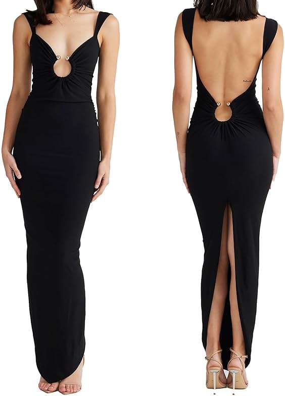 ABYOVRT Women Sexy Backless Dress V Neck Sleeveless Open Back Split Maxi Dress Party Cocktail - Image 1