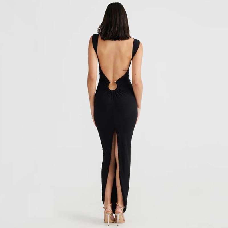 ABYOVRT Women Sexy Backless Dress V Neck Sleeveless Open Back Split Maxi Dress Party Cocktail - Image 6