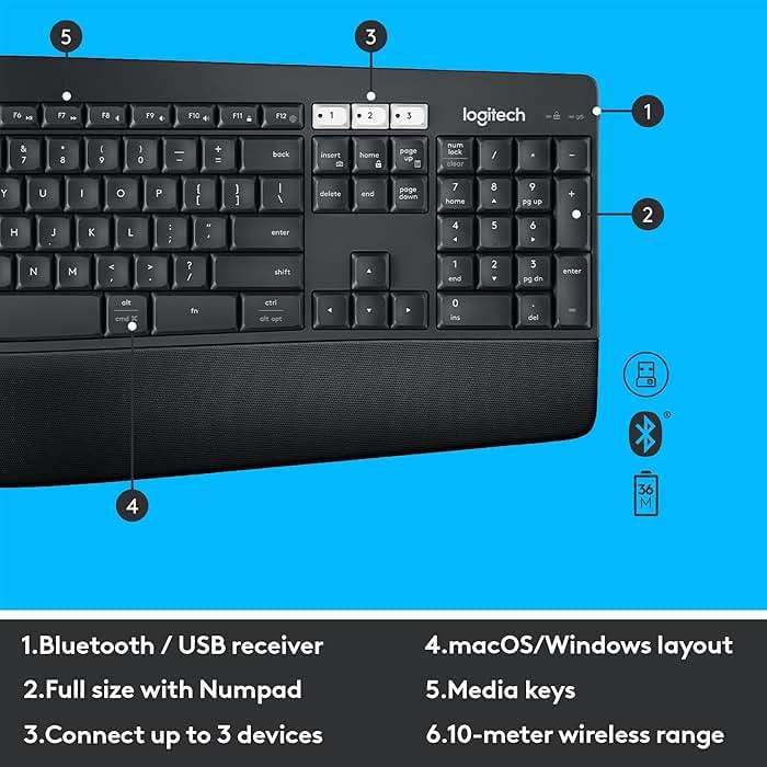 Logitech MK850 Performance Wireless Keyboard and Mouse Combo for Windows, macOS & ChromeOS, Bluetooth & 2.4 GHz USB Receiver, Full-Size Ergonomic Keyboard, Multi-Device, Cushioned Palm Rest – Graphite - Image 7