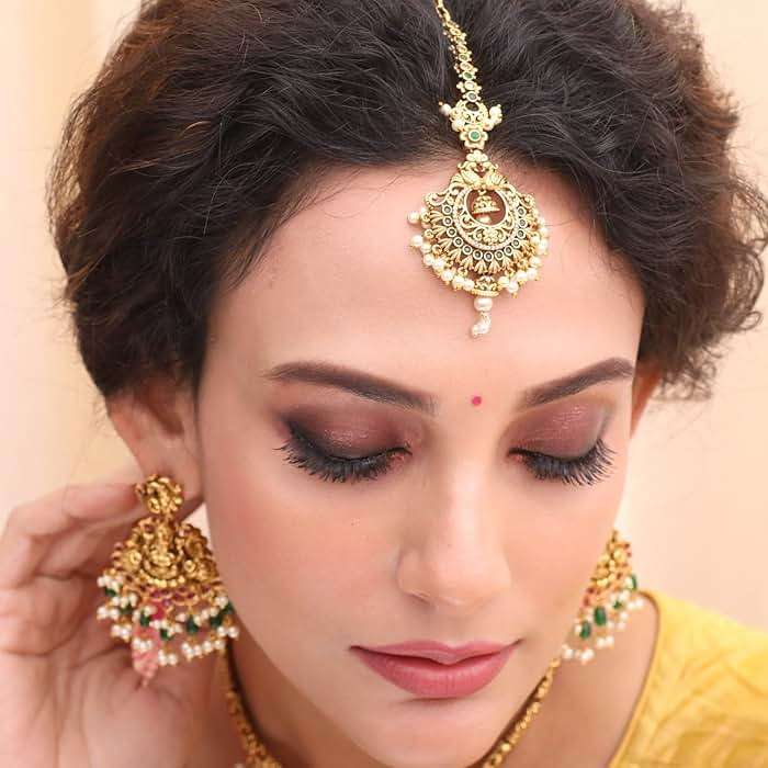 TARINIKA Antique Gold Maang Tikka Indian Headpiece Jewelry for Wedding & Festive Occasions | CZ Stone & Brass Alloy | Traditional Hair Accessories for Women - Image 2